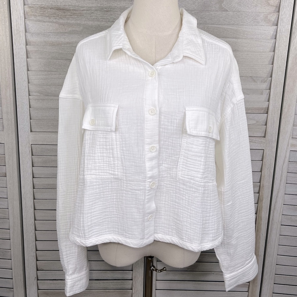 BOBI Cropped Button Up Shirt White-Large